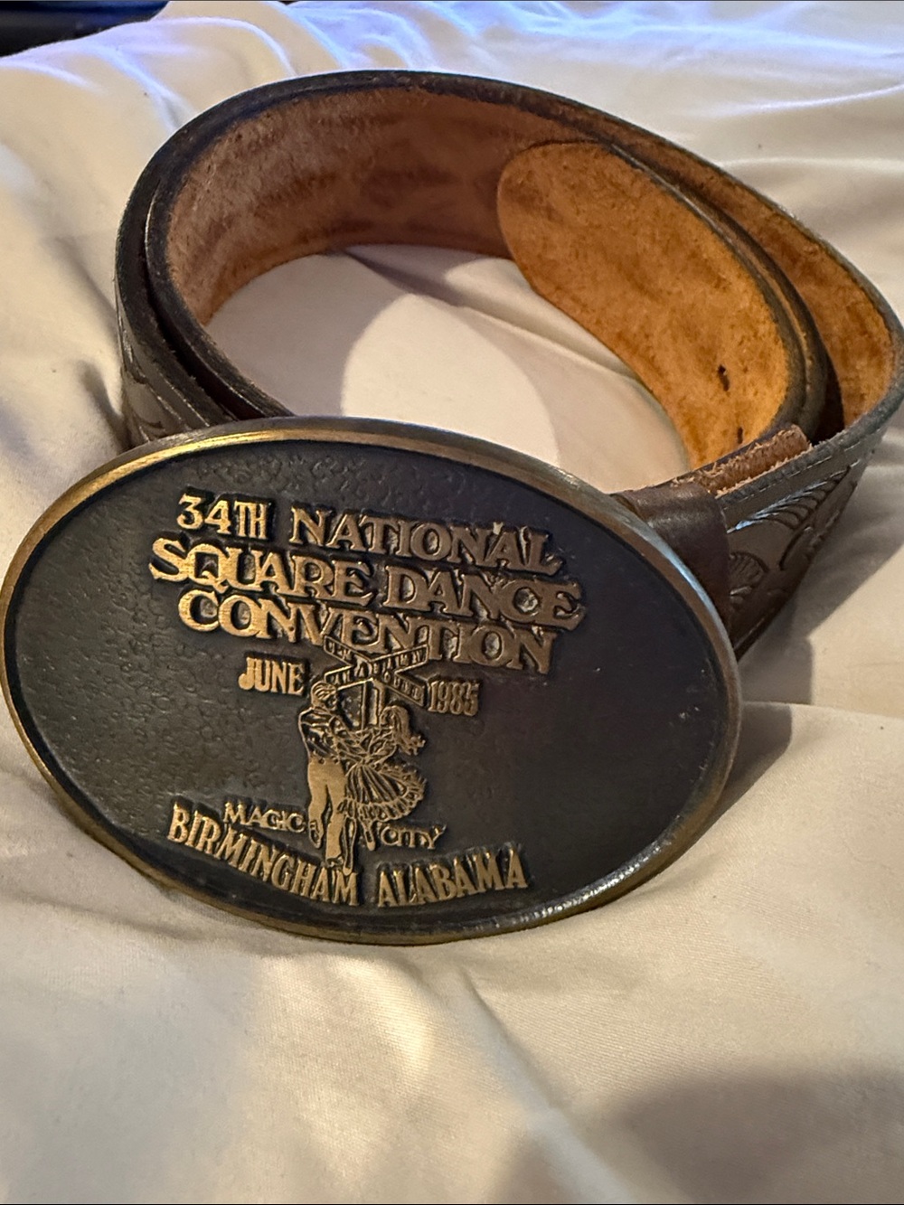Vintage 1985 US Accessories Tooled Leather Belt Square Dance Convention Buckle